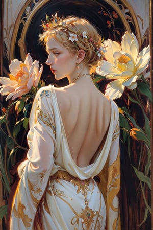 1 girl, wore a crown of flowers and a Greek toga, portrait,mature female, sparkling beautiful eyes, blonde hair, flowers, garden,  elaborate scene style, glitter, orange, realistic style, 8k,exposure blend, medium shot, bokeh, (hdr:1.4), high contrast, (cinematic, dark orange and white film), (muted colors, dim colors, soothing tones:1.3), low saturation, (hyperdetailed:1.2), perfect hands, perfect fingers, photorealistic, cinematic and dramatic back lighting.  Alfons Mucha style,beaded flower decoration,beaded flower,masterpiece,watercolor