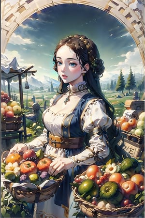 A medieval girl in traditional dress, vegetables and fruits, at a farmer's market, mysterious medieval, masterpiece,oil painting,classic painting,High detailed,CrclWc,edgRenaissance,wearing edgRenaissance