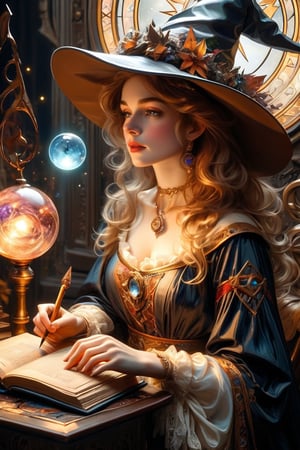 (masterpiece, top quality, best quality, official art, beautiful and aesthetic:1.2), A witch engrossed in the study of magic, glowing magic array on the spellbook,  (dimly lit workshop:1.2).  portrait, extreme detailed, highest detailed, simple background, 16k, high resolution, perfect dynamic composition, (sharp focus:1.2), super wide angle, high angle, high color contrast, medium shot, depth of field, blurry background, by Gustav Klimt and Mucha and Caravaggio