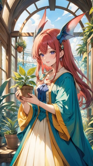 (masterpiece, top quality, best quality, official art, beautiful and aesthetic:1.2), (1girl:1.4), extreme detailed, a girl carefully examines a plant in her hands in a sunlit large greenhouse. Her expression reflects a blend of fascination and scholarly focus as she documents the intricacies of the natural world, (Hieronymus Bosch and Gustave Moreau style artwork),watercolor \(medium\),1girl