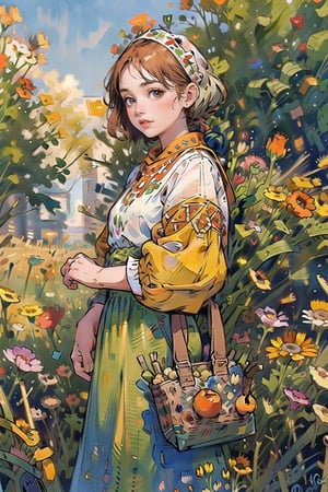 A medieval girl in traditional dress, vegetables and fruits, at a farmer's market, mysterious medieval, masterpiece,High detailed,watercolor,simplecats,ukrainian dress