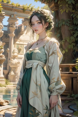 A serene maiden, clad in ethereal robes of pale green and creamy white, stands amidst a lush verdant backdrop, Renaissance beauty, by Raphael, masterpiece,Colors,edgRenaissance,