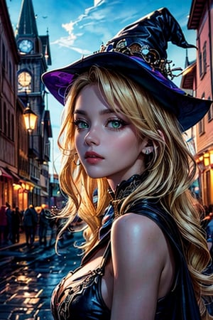 (masterpiece, top quality, best quality, official art, beautiful and aesthetic:1.2), (1girl:1.4), upper body, blonde hair, portrait, extreme detailed, highest detailed, dynamic pose, head to thigh portrait, (beautiful, sensual witch with wavy hair), (medieval fantasy, bustling town square), wide shot, ,1 girl