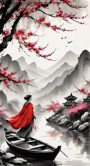 (A woman in red cape) stands gracefully at the bow of a boat in a Chinese ink painting, surrounded by blossoming peach trees on the riverbank, with serene emptiness beyond.ink scenery,SelectiveColorStyle, selective color red,1colorpop