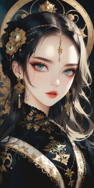 Elegantism, opulent scene, full portrait of a Victorian lady, heroic, black clothes, gold trim, castle. (masterpiece, high quality, 8K, high_res:1.5), surreal picture, extremely detailed, 1girl, solo, long hair, looking at viewer, blue eyes, simple background, hair between eyes, jewelry, earrings, lips, eyelashes, gem, beads, Yanjun Cheng style, hazy beauty, emo, (sharp eyes:1.4), (rebellious:1.4), (fierce:1.4), tight lips. Intricate earrings, magical style, high brightness and low color palette, masterpiece,portraitart,Leonardo Style,dark,dark moody atmosphere
