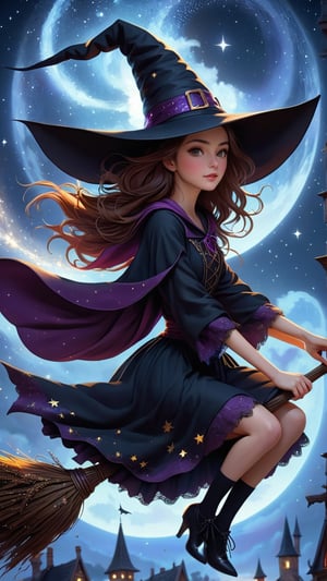 (masterpiece, top quality, best quality, official art, beautiful and aesthetic:1.2), (1girl:1.4), extreme detailed, A witch on a broom, witch robe, witch hat, stars, mistery, surreal,magic_broom