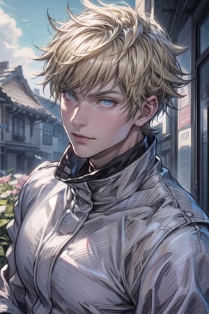 1 man, flowers, outdoor, sky, extreme detailed, realistic, solo, official art, extremely detailed, extreme realistic, beautifully detailed eyes, detailed fine nose, detailed fingers, wearing gold embroidered, white jacket court uniform costume, high quality, beautiful high detailed blonde short hair. Art Nouveau,vane /(granblue fantasy/),CrclWc,centralasia,FOLK,perfect light