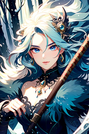 A fierce Norse female warrior wielding a battle axe in a snowy forest. 1girl, solo, powerful long hair, looking at viewer, blue eyes, simple background, hair ornament, hair between eyes, jewelry, upper body, earrings, lips, fur trim, eyelashes, gem, tassel, portrait, beads, Yanjun Cheng style, hazy beauty, emo,  frowning, angry, sharp eyes, rebellious, fierce, tight lips. Intricate earrings, dirty worn hardcore style, long boots, creating a magical style, high brightness and low color palette, masterpiece,Decora_SWstyle,niji3