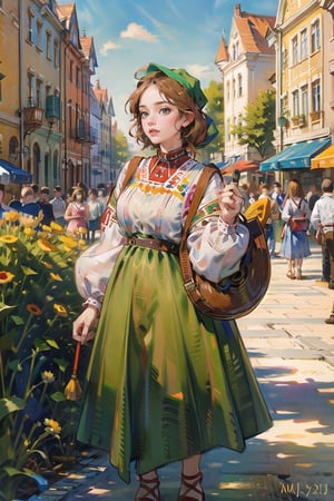 A medieval girl in traditional dress, in a town square, festival, medieval bacchanalia, tents, vendors, mysterious medieval, masterpiece,High detailed,watercolor, ,ukrainian dress