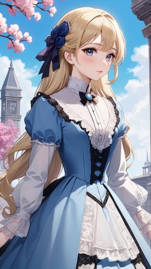 A girl in the Victorian era, outdoor, blue sky, (masterpiece, top quality, best quality, official art, beautiful and aesthetic:1.2), (1girl:1.4), blonde hair, portrait, extreme detailed, highest detailed, springtime is in full swing,colorful,victorian dress