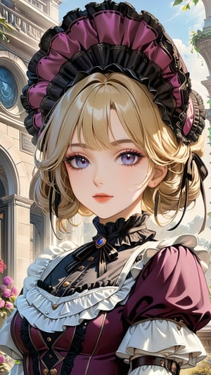 A girl in the Victorian era, outdoor, (masterpiece, top quality, best quality, official art, beautiful and aesthetic:1.2), (1girl:1.4), blonde hair, portrait, extreme detailed, highest detailed, colorful, ruff, puff, mantelet, bonnet, hoopdress