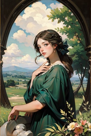 1 girl of the meadow, landscape, Renaissance beauty, by Raphael, masterpiece,renaissance,edgRenaissance,