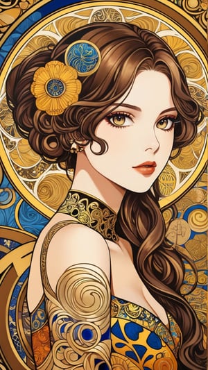 A beautiful girl, brunette hair, dynamic character, detailed exquisite face, bold high quality, high contrast, patchwork, vibrant colors, looking at viewer, complex background, intricate gold patterns, swirling motifs, (Gustav Klimt and Mucha style artwork),art_booster