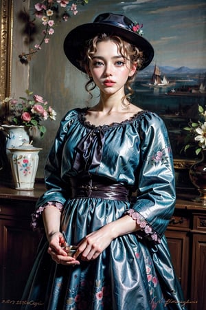 A girl wearing a floral dress, a flowered hat, capturing the essence of Manet's 'Spring', scenery,
(masterpiece, top quality, best quality, official art, beautiful and aesthetic:1.2), extreme detailed, highest detailed, ,Masterpiece,oil painting,classic painting