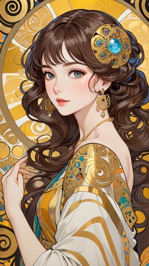A beautiful girl, brunette hair, dynamic character, detailed exquisite face, bold high quality, high contrast, patchwork, vibrant colors, looking at viewer, complex background, intricate gold patterns, swirling motifs, (Gustav Klimt and Mucha style artwork),art_booster