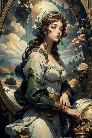 1 girl of the meadow, landscape, Renaissance beauty, by Raphael, masterpiece,renaissance,edgRenaissance,wearing edgRenaissance,1 girl,