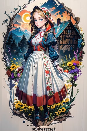 A medieval girl in traditional dress, vegetables and fruits, at a farmer's market, mysterious medieval, masterpiece,High detailed,CrclWc,Detail,Half-timbered Construction,INK art,victorian dress,slavic dress