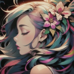 1girl, solo, long hair, hair ornament, blue hair, closed eyes, pink hair, flower, multicolored hair, hair flower, from side, eyelashes, profile, makeup, lipstick, portrait, red lips, colorful, rainbow hair,  white backgound, abtract style, surrealism, vivid colors,DonMM3l4nch0l1cP5ych0,graffiStyle