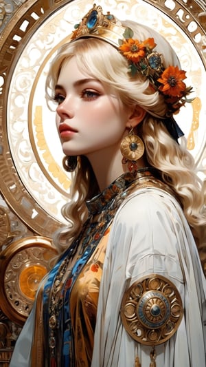 (Byzantine Heads: Blonde) by Mucha: a blonde hair girl wears a white scarf in her hair embellished with jewels and an ornate metal disk fringed with pearls. (masterpiece, top quality, best quality, official art, beautiful and aesthetic:1.2), (1girl:1.4), portrait, extreme detailed, highest detailed, simple background, 16k, high resolution, perfect dynamic composition, bokeh, (sharp focus:1.2), super wide angle, high angle, high color contrast, medium shot, depth of field, blurry background,,itacstl,3g3Kl0st3rXL