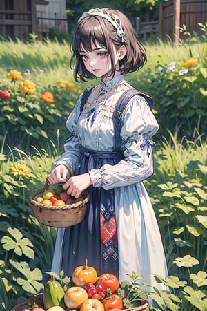 A medieval girl in traditional dress, vegetables and fruits, at a farmer's market, mysterious medieval, masterpiece,High detailed,watercolor,edgRenaissance,simplecats