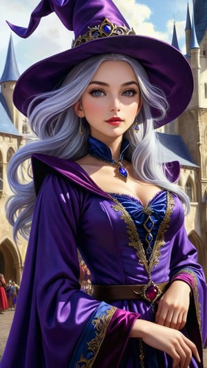 (Masterpiece, top quality, best quality, official art, beautiful and aesthetic:1.2), a beauty witch in town square, (1girl:1.4), upper body, silver hair, portrait, extreme detailed, highest detailed, dynamic pose, head to thigh, {deep purple robe:1.4), (medieval fantasy), (fractal art:1.3), (colorful:1.5), highest detailed, (aristocracy:1.5),  in the style of esao andrews,scenery