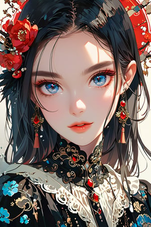 1girl, solo, long hair, looking at viewer, blue eyes, simple background, hair ornament, hair between eyes, jewelry, upper body, earrings, lips, fur trim, eyelashes, gem, tassel, portrait, beads, Yanjun Cheng style, hazy beauty, emo, (sharp eyes:1.4), (rebellious:1.4), (fierce:1.4), tight lips. Intricate earrings, dirty worn hardcore style, long boots, creating a magical style, high brightness and low color palette, masterpiece,dark,emo,