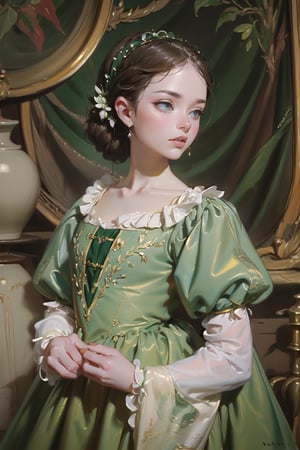 1 girl, in the style of green and white, Renaissance beauty, by Raphael, Color Booster,masterpiece,oil painting,classic painting,High detailed,More Detail,edgRenaissance,wearing edgRenaissance