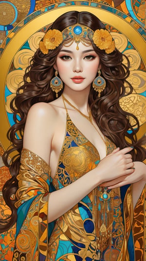 A beautiful girl, brunette hair, dynamic character, detailed exquisite face, bold high quality, high contrast, patchwork, vibrant colors, looking at viewer, complex background, intricate gold patterns, swirling motifs, (Gustav Klimt and Mucha style artwork),art_booster