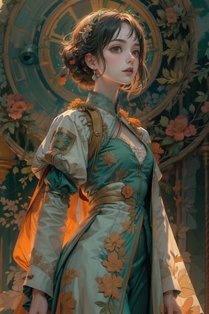 A serene maiden, clad in ethereal robes of pale green and creamy white, stands amidst a lush verdant backdrop, Renaissance beauty, by Raphael, edgRenaissance,Color Booster, masterpiece, ultra realistic illustration, ultra hires, ultra highres, colorful, vibrant colors, darl background, green theme, beautiful colorful flowers backgrounds, exposure blend, medium shot, bokeh, (hdr:1.4), high contrast, (cinematic, teal and orange:0.85), (muted colors, dim colors, soothing tones:1.3), low angle saturation,from below, looking away, Shinkai makoto, //Lighting atmospheric lighting, volumetric lighting, light_particles, soft light, soft shadow, fine detailed, volumetric top lighting