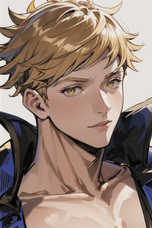 1 cool, handsome man with sharp eyes, ((blank background)), head and shoulders portrait, short hair, blonde hair, shining golden eyes, warrior, large forehead,2b,1guy,1girl,vane /(granblue fantasy/),centralasia