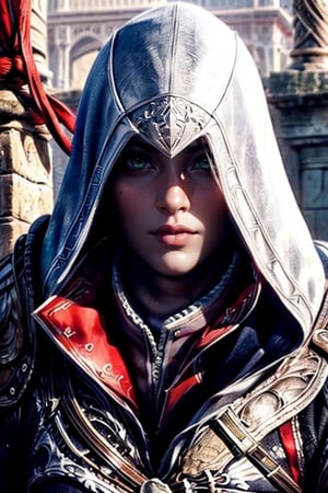 (assassin's creed version:1.2), a female assassin, hood up, extreme detailed, realistic, solo, beautifully detailed eyes, detailed fine nose, detailed fingers, full body, (masterpiece, top quality, best quality, official art, beautiful and aesthetic:1.2),(1girl:1.4),  portrait,,extreme detailed, highest detailed, weapon, female focus, blade, hood, cape, realistic, ezio_soul3142