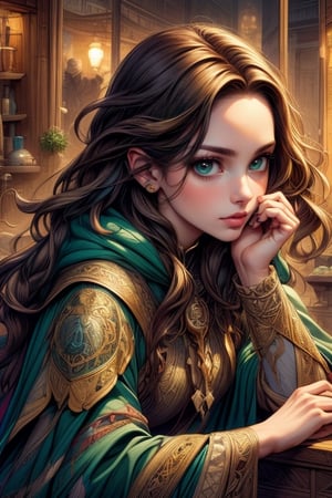 (masterpiece, top quality, best quality, official art, beautiful and aesthetic:1.2), (1girl:1.4), upper body, brown hair, portrait, extreme detailed, highest detailed, dynamic pose, head to thigh, (beautiful witch with wavy hair), dark green cloak, cape, (medieval fantasy), (Baghdad bazaar), herbs, crystals, spices, potions, streets, (close up shot, face focused),DonMM3l4nch0l1cP5ych0