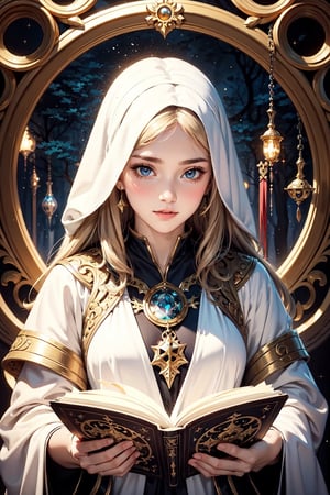 A beautiful witch wearing white robe, reading a grimoire in a starry night, in an enchanting forest, surrounded by mystical atmosphere and magical ambiance, glitters, glowing particles, misty. (masterpiece, top quality, best quality, official art, beautiful and aesthetic:1.2), (1girl:1.4), upper body, blonde hair, portrait, extreme detailed, fantasy art, intricate arcane wiccan designs, 