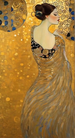 Ballet dancer, (((Gustav Klimt style))), 1girl, solo, beautiful dancing. Created in the style of "Portrait of Adele Bloch-Bauer I", "Fulfilment", "The Kiss", Gustav Klimt 
,art_booster