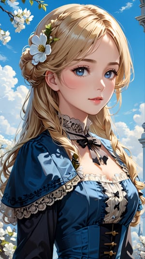 A girl in the Victorian era, outdoor, blue sky, (masterpiece, top quality, best quality, official art, beautiful and aesthetic:1.2), (1girl:1.4), blonde hair, portrait, extreme detailed, highest detailed, springtime is in full swing,more detail XL