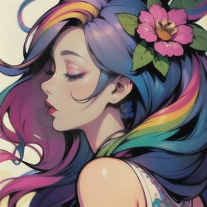 1girl, solo, long hair, hair ornament, blue hair, closed eyes, pink hair, flower, multicolored hair, hair flower, from side, eyelashes, profile, makeup, lipstick, portrait, red lips, colorful, rainbow hair,  white backgound, DonMM3l4nch0l1cP5ych0,Mysticstyle