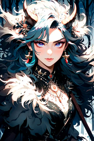 A fierce Norse female warrior wielding a battle axe in a snowy forest. 1girl, solo, powerful long hair, looking at viewer, blue eyes, simple background, hair ornament, hair between eyes, jewelry, upper body, earrings, lips, fur trim, eyelashes, gem, tassel, portrait, beads, Yanjun Cheng style, hazy beauty, emo,  frowning, angry, sharp eyes, rebellious, fierce, tight lips. Intricate earrings, dirty worn hardcore style, long boots, creating a magical style, high brightness and low color palette, masterpiece,Decora_SWstyle,ct-niji2