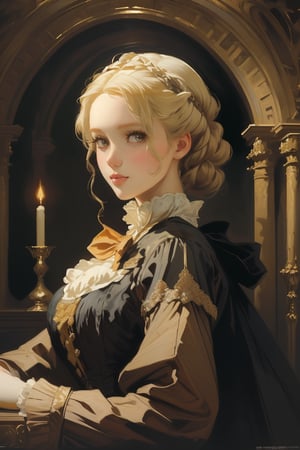 A girl in the Victorian era, promenade attire, (masterpiece, top quality, best quality, official art, beautiful and aesthetic:1.2), (1girl:1.4), vivid color, blonde hair, extreme detailed, highest detailed,oil painting,masterpiece