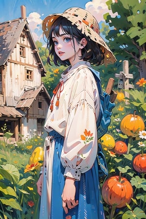 A medieval girl in traditional dress, vegetables and fruits, at a farmer's market, mysterious medieval, masterpiece,High detailed,CrclWc,Detail,Half-timbered Construction,INK art,watercolor,simplecats