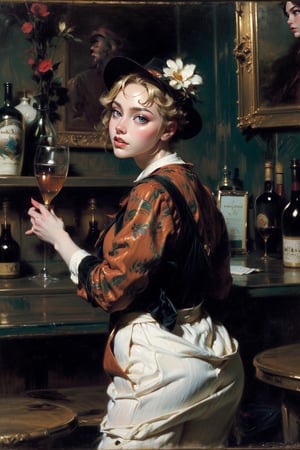 In a bustling Parisian bar with a bartender and patrons engaged in lively conversations, with reflections of the barmaid and the surrounding atmosphere in the mirrors behind. Capturing the essence of Manet's 'A Bar at the Folies-Bergeres'. 1girl, 
Masterpiece,oil painting,High detailed,masterpiece,classic painting