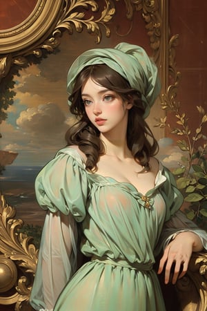 1 girl, Renaissance beauty, by Raphael and Sir Thomas Lawrence, 
green and white dress, 
red and gold background, masterpiece,edgRenaissance,renaissance,wearing edgRenaissance