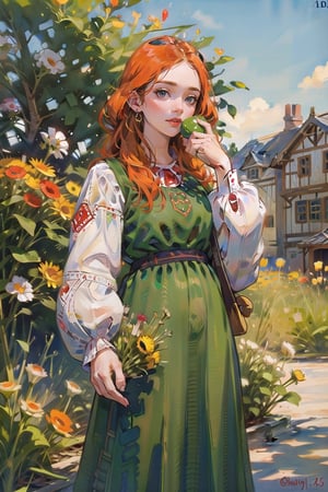A medieval girl in traditional dress, vegetables and fruits, at a farmer's market, mysterious medieval, masterpiece,High detailed,watercolor,ukrainian dress