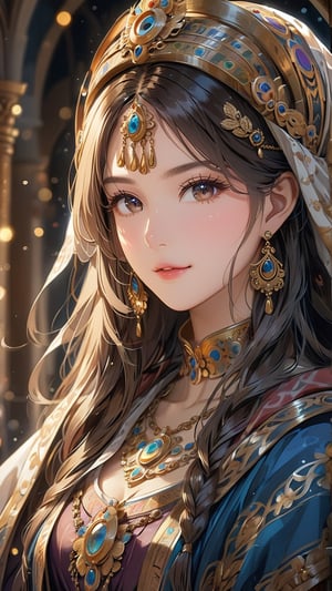 A portrait of Theodora, Byzantine Empress, radiating regal grace and strength in the style of Byzantine iconography. (masterpiece, top quality, best quality, official art, beautiful and aesthetic:1.2), (1girl:1.4), portrait, extreme detailed, highest detailed, simple background, 16k, high resolution, perfect dynamic composition, bokeh, (sharp focus:1.2), super wide angle, high angle, high color contrast, medium shot, depth of field, blurry background, cowboy shot, by Leonardo da Vinci
