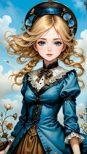 A girl in the Victorian era, outdoor, blue sky, (masterpiece, top quality, best quality, official art, beautiful and aesthetic:1.2), (1girl:1.4), blonde hair, portrait, extreme detailed, highest detailed, springtime is in full swing,more detail XL, in the style of esao andrews