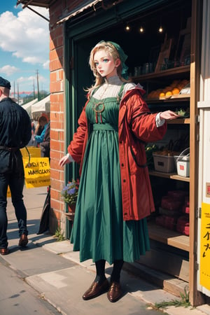 A medieval girl in traditional dress, at a farmer's market, masterpiece,oil painting,Color Booster