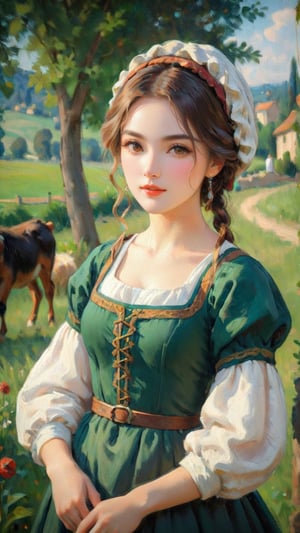 A shepherdess, in the style of the Renaissance, exuding elegance amidst pastoral beauty. (masterpiece, top quality, best quality, official art, beautiful and aesthetic:1.2), (1girl:1.4), portrait, extreme detailed, highest detailed, simple background, 16k, high resolution, perfect dynamic composition, bokeh, (sharp focus:1.2), super wide angle, high angle, high color contrast, medium shot, depth of field, blurry background,impressionist painting