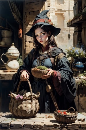 1girl, a medieval witch, makng a magic potion, various potion-making tools, dried herbs and plants, woven baskets, spring color palette, medieval traditional attire, magic potions, by Vermeer. masterpiece,More Detail, vivid colors, (masterpiece, top quality, best quality, official art, beautiful and aesthetic:1.2), extreme detailed, highest detailed,oil painting,classic painting