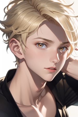 1 cool, handsome man with sharp eyes, ((blank background)), head and shoulders portrait, short hair, blonde hair, shining golden eyes, warrior, large forehead,2b,1guy,1girl,vane /(granblue fantasy/),centralasia, ,cute blond boy