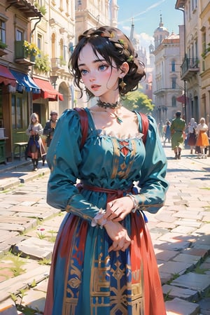 A medieval girl in traditional dress, in a town square, mysterious medieval, masterpiece,High detailed,watercolor,polish dress,edgRenaissance,wearing edgRenaissance, festival, medieval bacchanalia, 