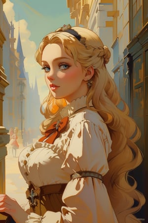 A girl in the Victorian era, promenade attire, (masterpiece, top quality, best quality, official art, beautiful and aesthetic:1.2), (1girl:1.4), vivid color, colorful, blonde hair, extreme detailed, highest detailed,oil painting,masterpiece,classic painting,BrgEy